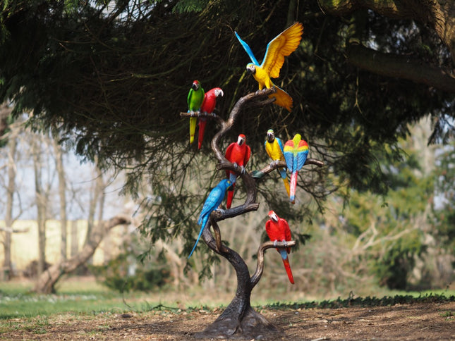 Bronzen beeld 8 papegaaien op boomstam - KLEUR 165x45x75cm