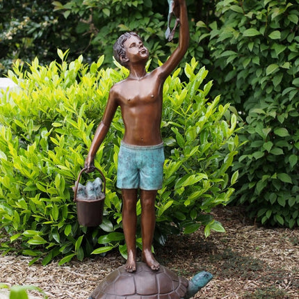 Bronzen beeld Jongen op schildpad 143x40x52cm