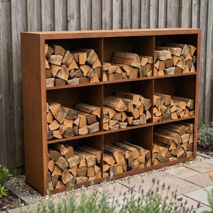 Cortenstalen houtopslag met 9 Vakken met achterwand 200x38,5x150 cm