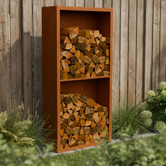 Cortenstalen houtopslag met 2 Vakken met achterwand 100x38,5x200 cm