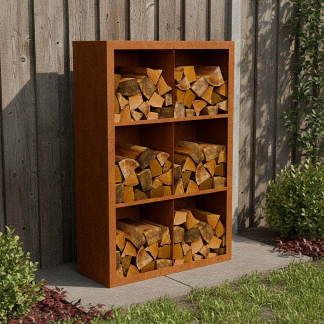 Cortenstalen houtopslag met 6 Vakken met achterwand 100x38,5x150 cm