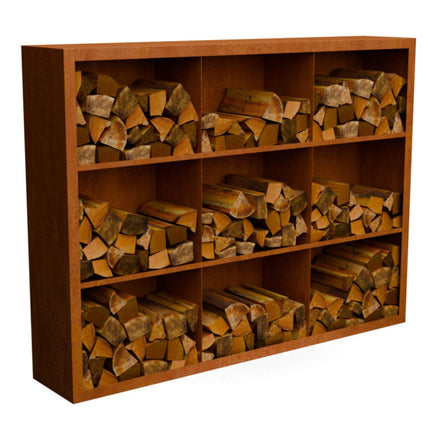Cortenstalen houtopslag met 9 Vakken met achterwand 200x38,5x150 cm