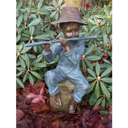 Bronzen beeld Fluitspeler met hoed 48x30x20cm