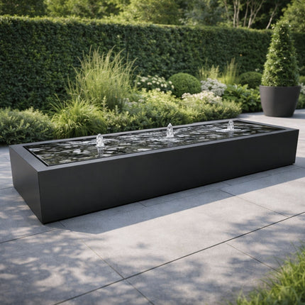 Langwerpige aluminium watertafel met fonteinen 300x80x40cm 70kg