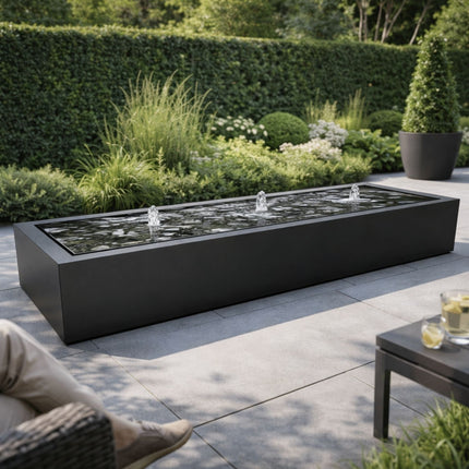 Langwerpige aluminium watertafel met fonteinen 300x80x40cm 70kg
