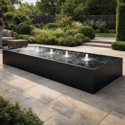 Langwerpige aluminium watertafel met fonteinen 400x150x40cm 130kg