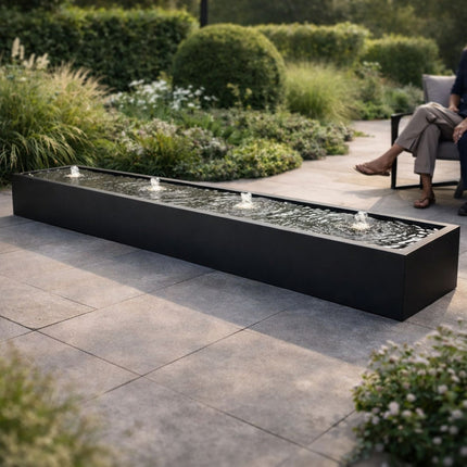 Langwerpige aluminium watertafel met fonteinen 400x60x40cm 75kg