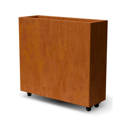 Langwerpige cortenstalen plantenbak met wielen 90x30x80 cm