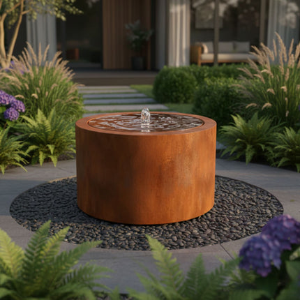 Ronde cortenstalen watertafel met fontein 150x50cm 158kg