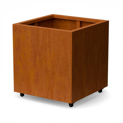 Vierkante cortenstalen plantenbak met wielen 80x80x80 cm