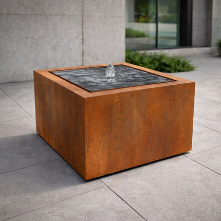 Vierkante cortenstalen watertafel met fontein 60x60x70cm 40kg