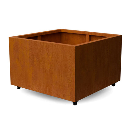 Vierkante cortenstalen plantenbak met wielen 100x100x60 cm