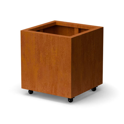 Vierkante cortenstalen plantenbak met wielen 60x60x60 cm