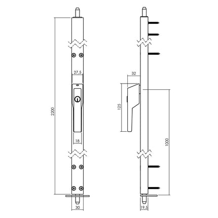 Intersteel Deurespagnolet afsluitbaar Rechts 2200mm met uitwisselbare cilinder RAL 9010 wit - Doika - Deurespagnoletten - Intersteel - 8718419349475 - SI - 1424 - 22A - 78R