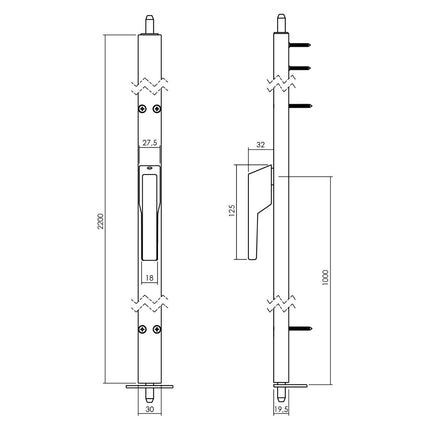 Intersteel Deurespagnolet niet afsluitbaar Rechts 2200mm RAL 9010 wit - Doika - Deurespagnoletten - Intersteel - 8714186368503 - RB - 1422 - 22A - 78R