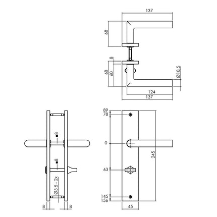 Intersteel Deurkruk Bastian op schild 245x45 mm WC63/8 mm messing titaan PVD - Doika - Deurkrukken op schild - Intersteel - 8714186558157 - 13,174,365