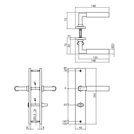 Intersteel Deurkruk Bau - Stil op schild 245x45 mm WC63/8 mm messing titaan PVD - Doika - Deurkrukken op schild - Intersteel - 8714186558195 - 13,174,265