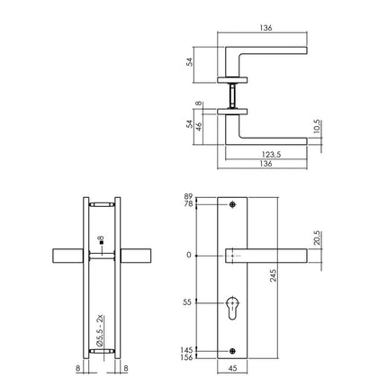 Intersteel Deurkruk Hera op schild 245x45 mm profielcilindergat 55 mm messing titaan PVD - Doika - Deurkrukken op schild - Intersteel - 8714186559765 - 13,174,429