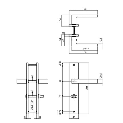 Intersteel Deurkruk Hera op schild 245x45 mm WC63/8 mm messing titaan PVD - Doika - Deurkrukken op schild - Intersteel - 8714186558119 - 13,174,465