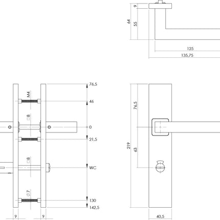 Intersteel Deurkruk Vierkant op schild verdekt rechthoekig 219x40mm met nokken wc 63/8mm rvs EN1906/4 - Doika - Deurkrukken op schild - Intersteel - 8714186587355 - 0035.133765W