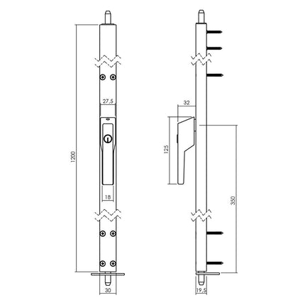 Intersteel Raamespagnolet afsluitbaar Rechts 1200mm met uitwisselbare cilinder aluminium - Doika - Raamespagnoletten - Intersteel - 8718419305105 - SI - 1428 - 12A - 71R