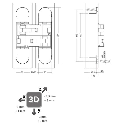 Intersteel Scharnier 130 x 30 mm zamak – zilvergrijs 3D verstelbaar - Doika - Scharnieren - Intersteel - 8714186460696 - 94,462,642