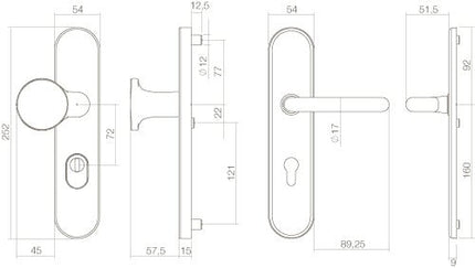 Intersteel Veiligheidsbeslag SKG*** profielcilindergat 72 mm ovaal met kerntrekbeveiliging messing ongelakt - Doika - Voordeurbeslag op schild - Intersteel - 8714186069127 - 10,382,036