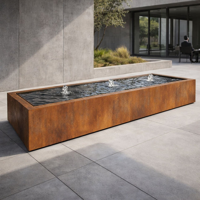 Langwerpige cortenstaal watertafel met fonteinen 300x80x40cm 200kg - Doika - Watertafel - Geroba -  - TaulaAC7