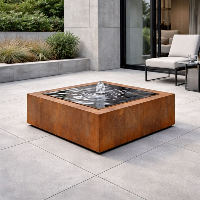 Vierkante cortenstaal watertafel met fontein 100x100x40cm 88kg - Doika - Watertafel - Geroba -  - TaulaQC2