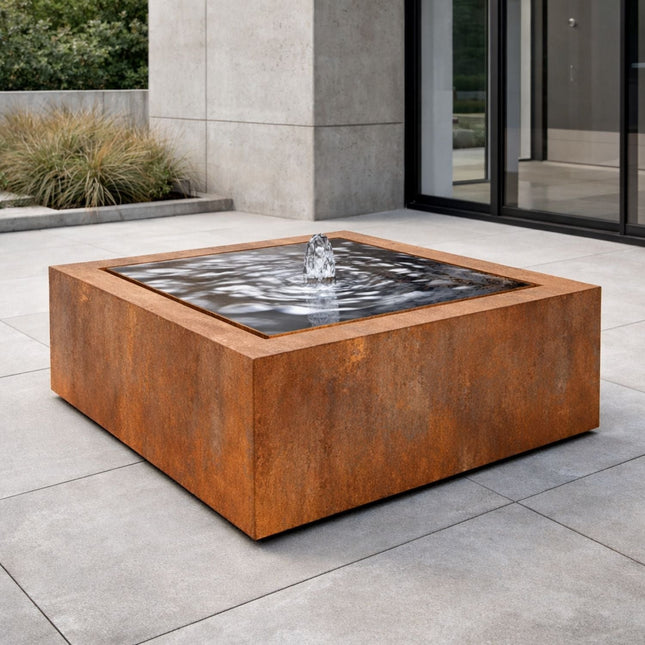 Vierkante cortenstalen watertafel met fontein 120x120x40cm 115kg - Doika - Watertafel - Geroba -  - TaulaQC1