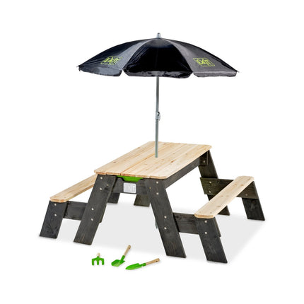 EXIT Aksent zand-, water- en picknicktafel (2 bankjes) met parasol en tuingereedschap - Doika BV - Zand- en watertafels - EXIT Toys - 8718469469024 - 52.05.10.45