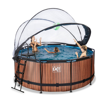 EXIT Wood zwembad ø360x122cm met zandfilterpomp en overkapping en warmtepomp - bruin - Doika BV - Ronde zwembaden - EXIT Toys - 8720088263266 - 30.67.12.10