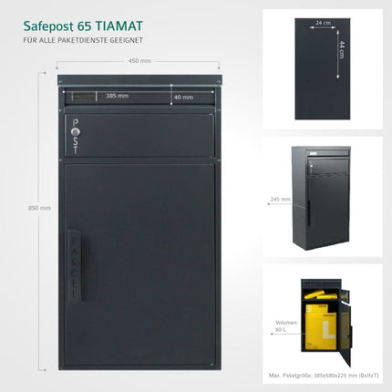 Safepost pakketbrievenbus 65 Tiamat met plat dak antracietgrijs RAL 7016 - Doika BV - Pakketbrievenbus - Safepost - 7330589003561 - 900356